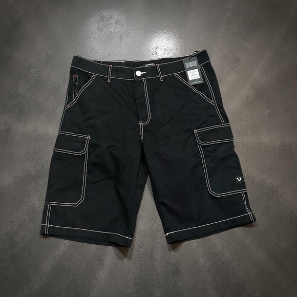 True Religion Men's Cargo Shorts Size 36 Jet Black White Stitch